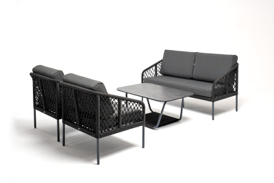 "Канны" диван 2-местный плетеный из роупа (узелки), каркас алюминий темно-серый (RAL7024) муар, роуп темно-серый круглый, ткань темно-серая 027